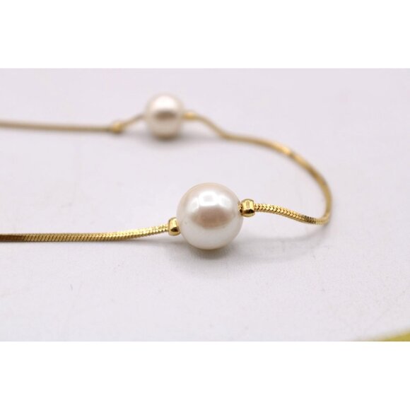 Dainty Gold-Tone Faux Pearl Station Necklace Vintage Delicate 24" Snake Chain - Picture 10 of 10